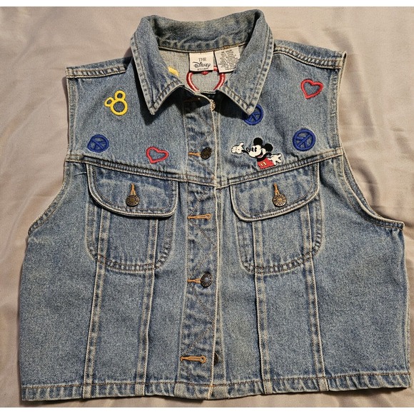 Disney's Vintage 90's Cropped Denim Vest Peace Love & Mickey Mouse Jrs Size Med - Picture 2 of 4